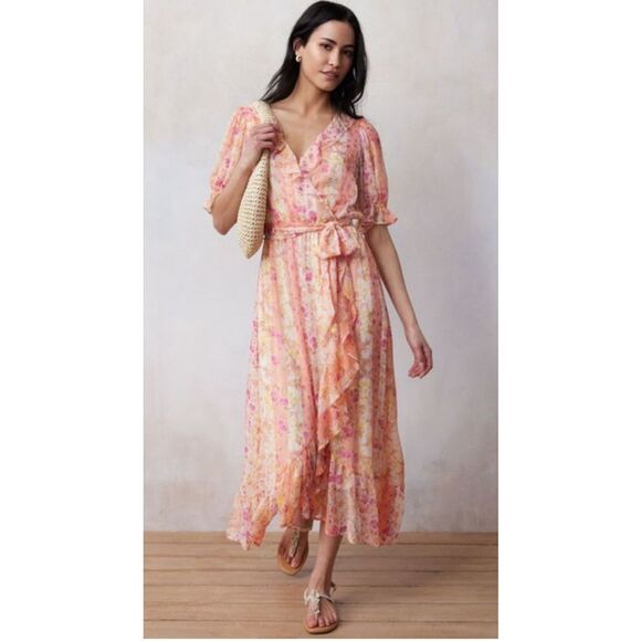LC Lauren Conrad Dresses & Skirts - LC Lauren Conrad Maxi Dress Coral Pink Chiffon Floral Puff Ruffled Cottagecore